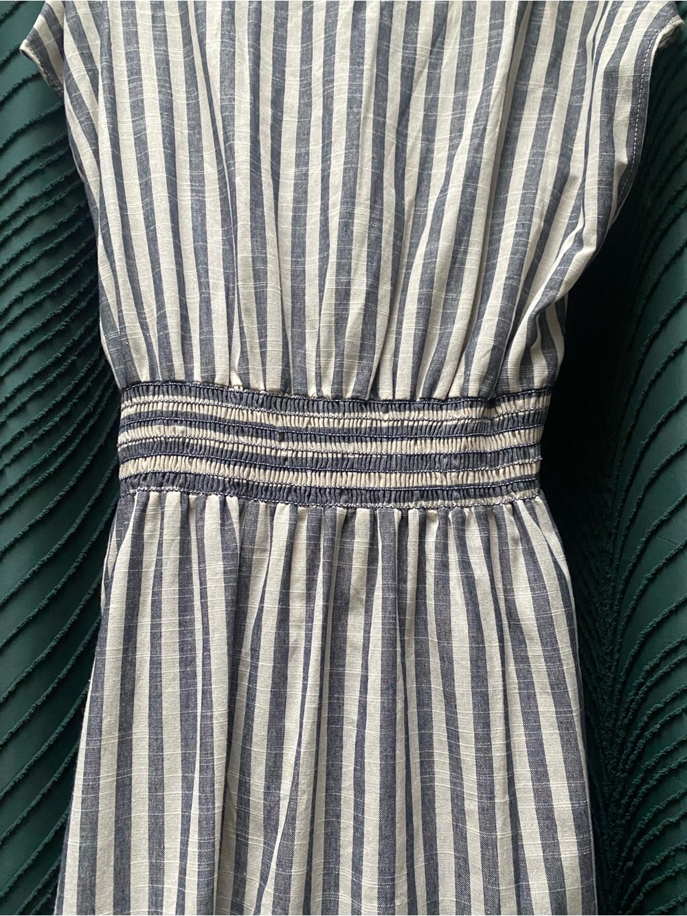 Striped V-Neck Tie-Waist Midi Dress in Grey and White - Picture 3 of 5